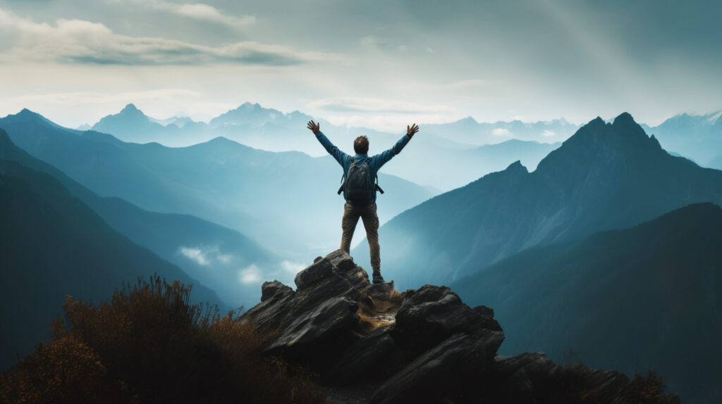 Positive man celebrating on mountain top, with arms raised up, Generative AI illustration